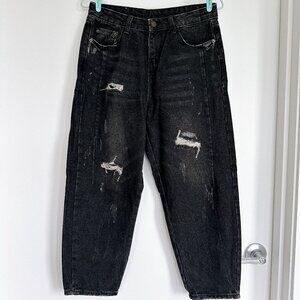 Distressed Black Barrel Jeans – Oversized / Baggy K-Pop Streetwear Denim